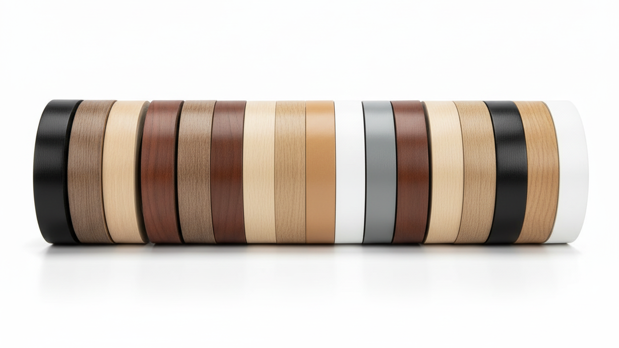 Rollos de tapacanto en diferentes colores organizados